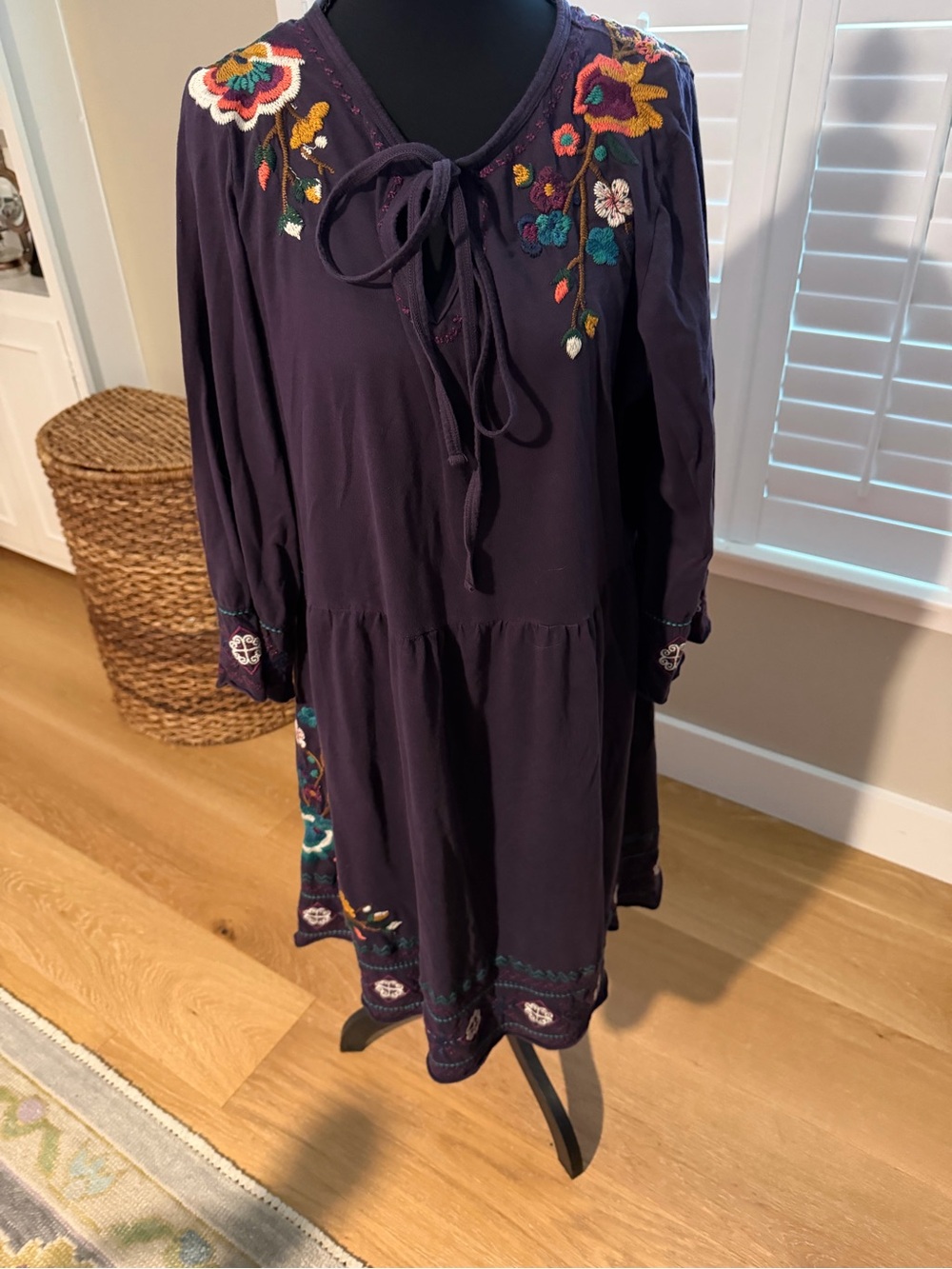 Embroidered Plum Tie-Neck Midi Dress